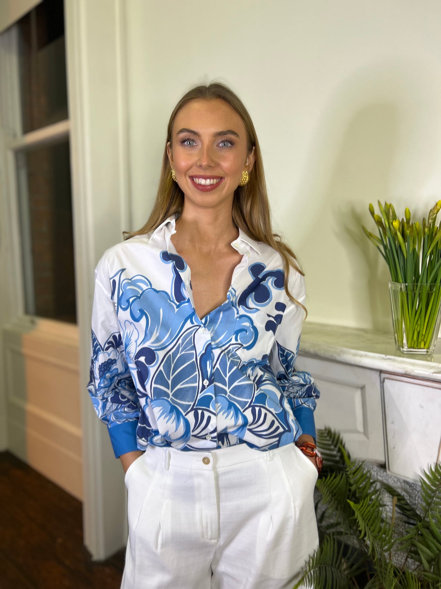 Sara Roka  Sandrine Blue Floral Shirt and Trousers in Poplin Cotton