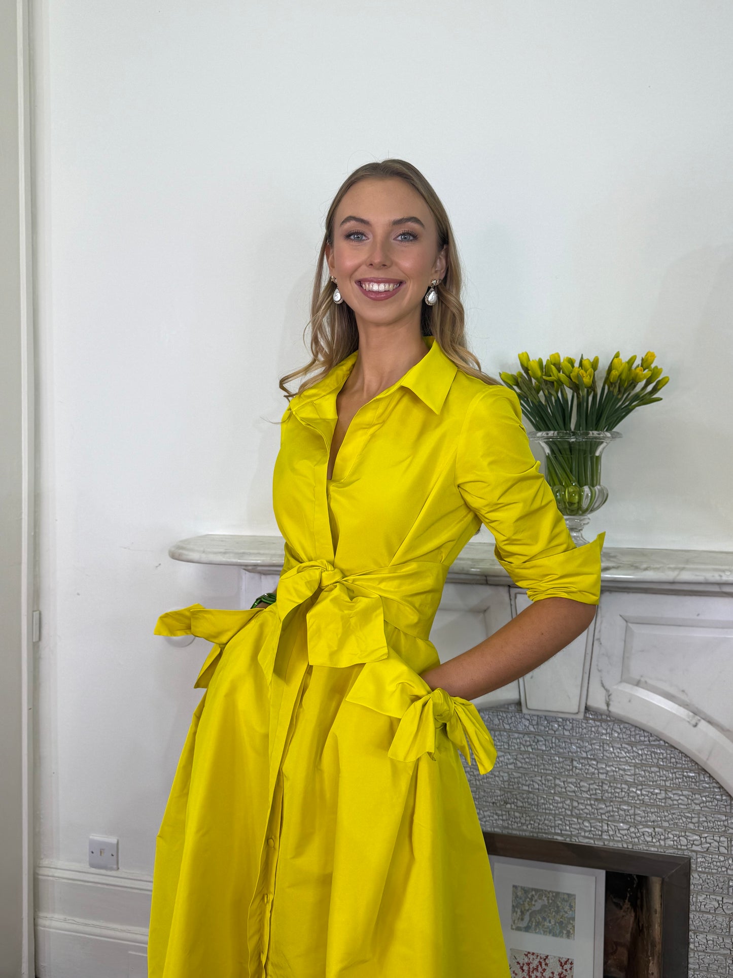 Moskada Yellow Taffeta Shirt Dress with Belt and Pocket Detail