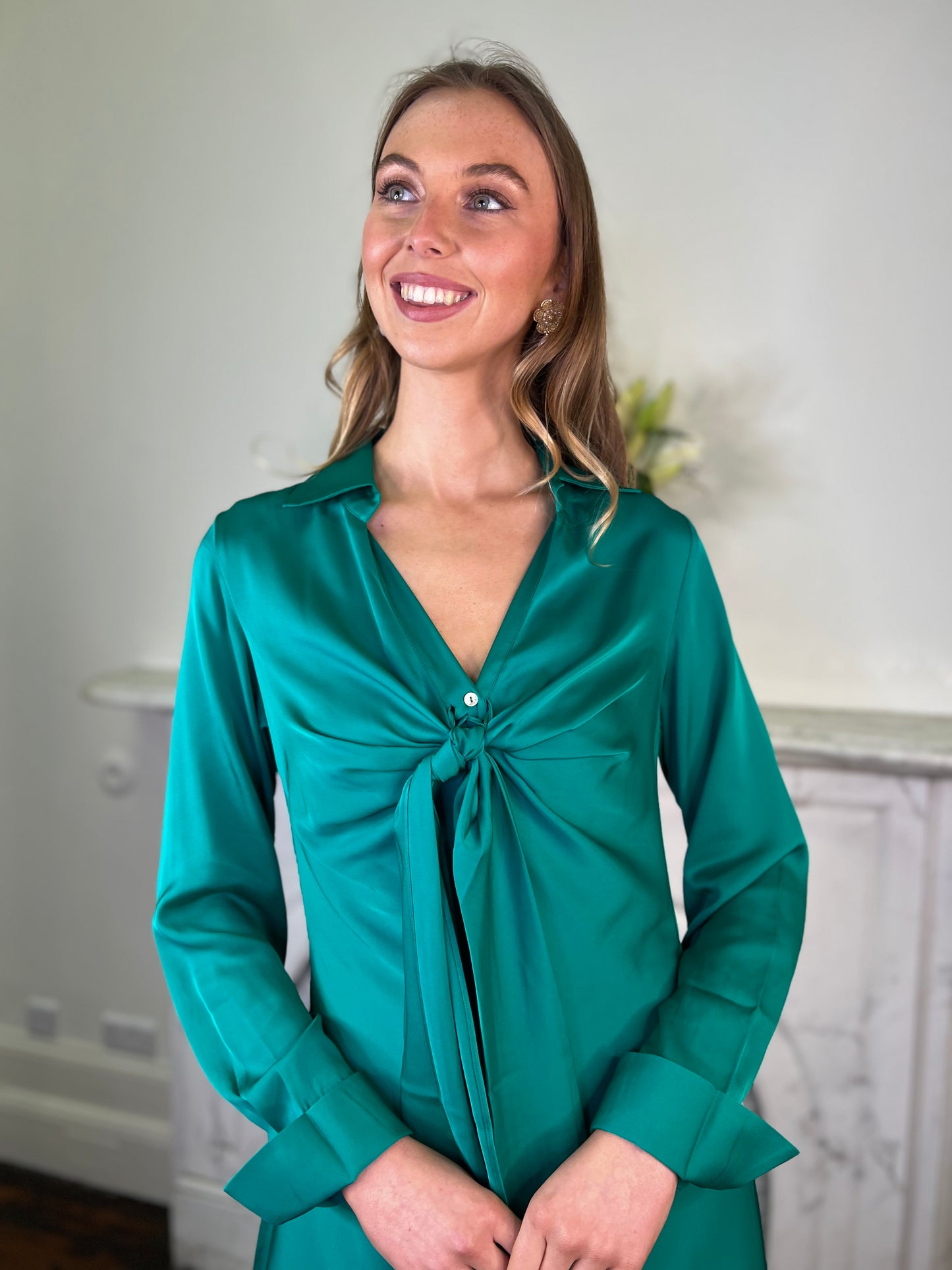 Genova Holiday Green Silk Shift Dress with Tie Detail