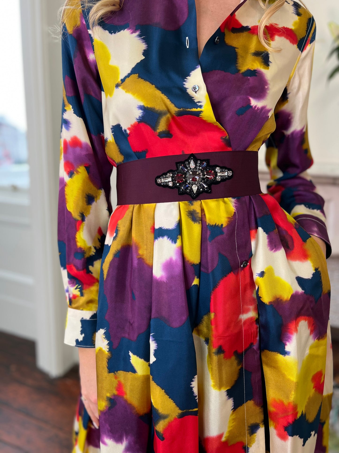 Silk Printed Navy ,Coral and Mustard Shirt Dress with Jewelled  Grosgrain Belt