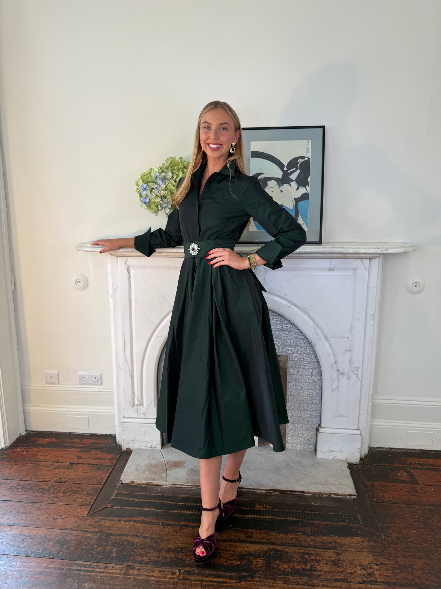 Sara Roka Iridescent  Midi Shirt Dress in Iridescent Green