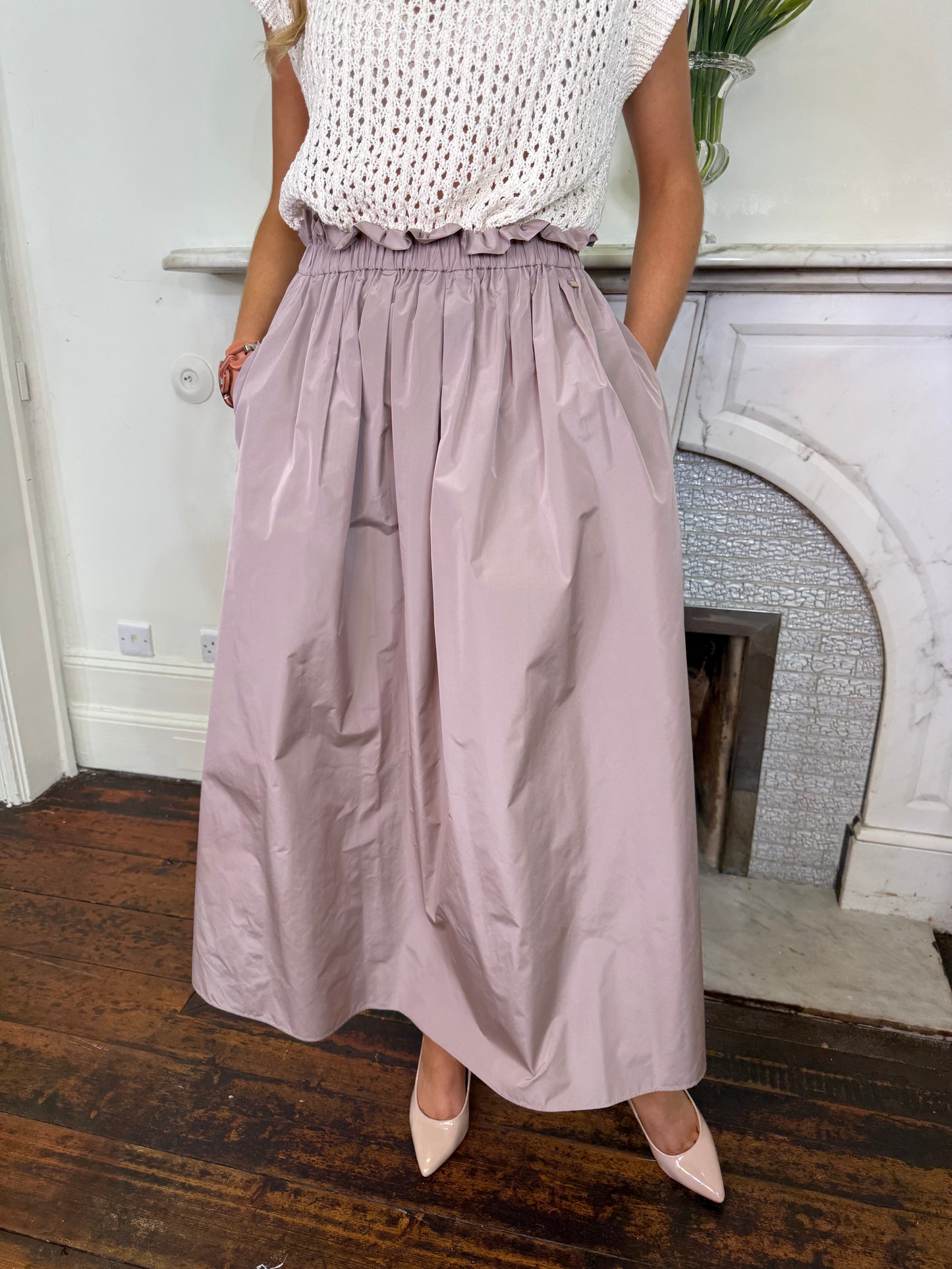 Herno Dusty Pink Techno Taffeta Skirt with Elasticated Waist