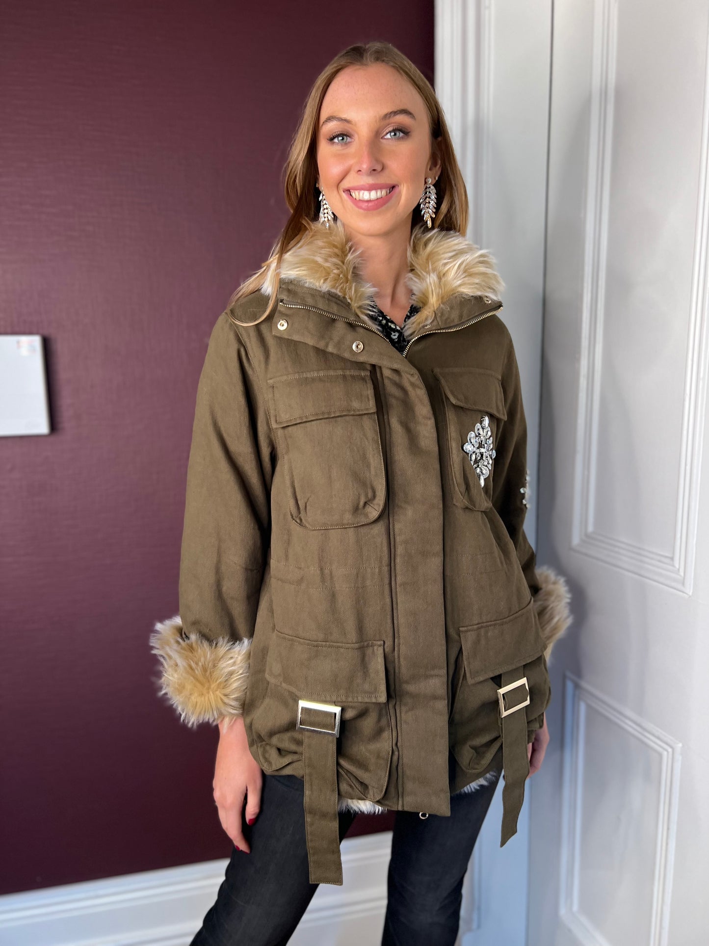 Army Green Coat with Diamonte Beaded Detail and Faux Fur Trim