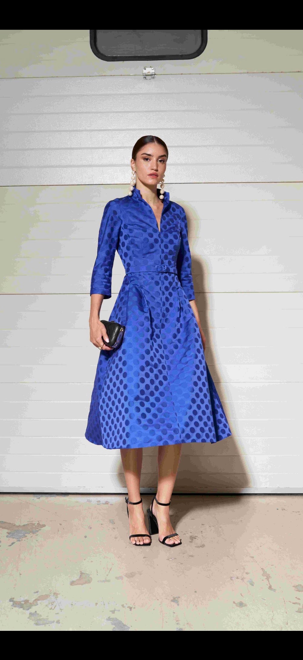 Moskada Sapphire Blue  Polka Dot Embossed  Fit and Flare Dress