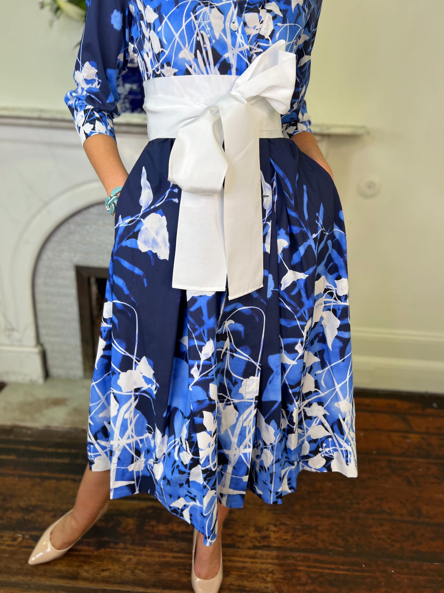ElenaT Cobalt Blue Printed Poplin Cotton Shirt Dress with Off White Grosgrain Wrap Belt