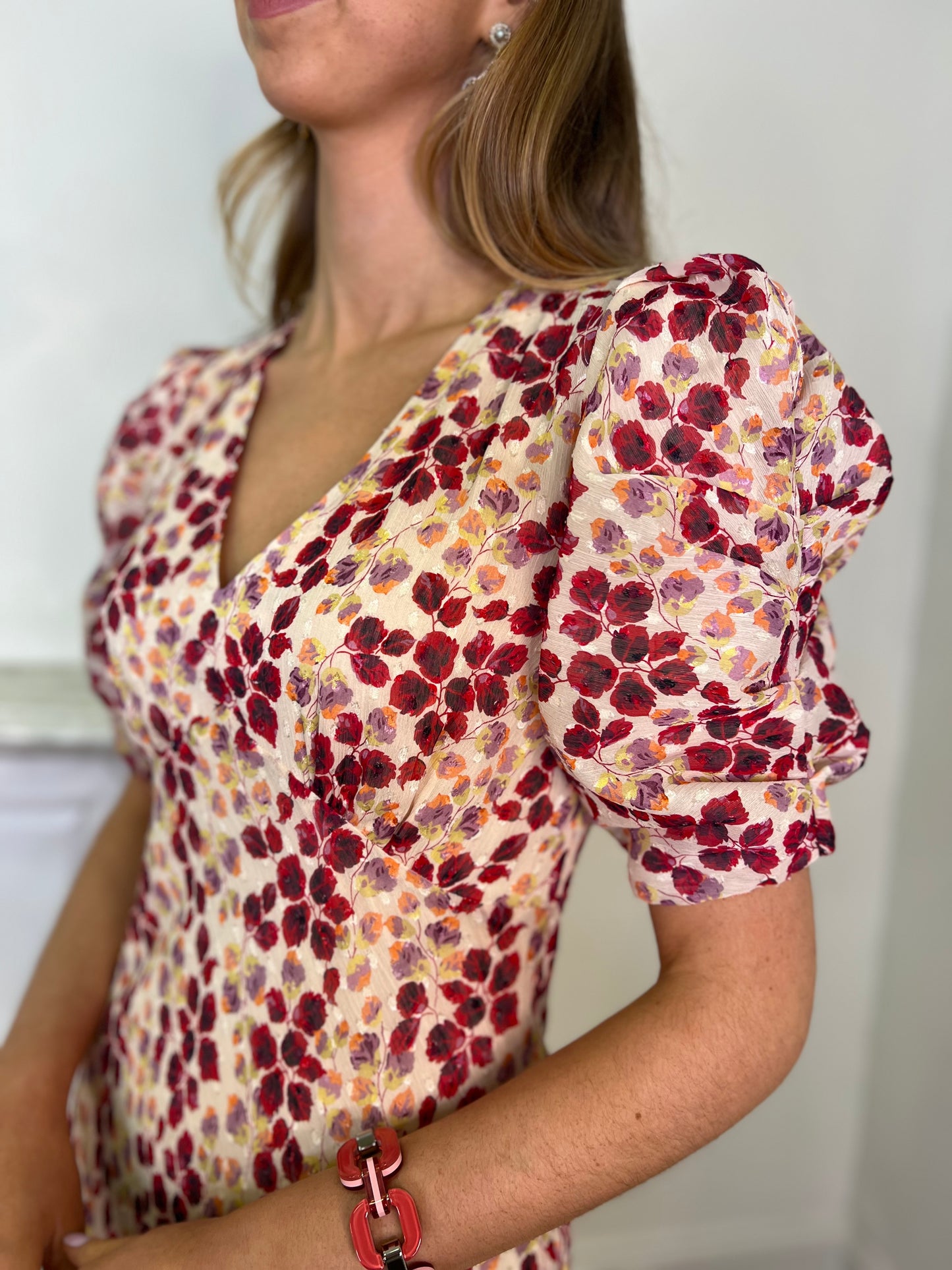 Cranberry and Rose Printed Fit and Flare Dress with V Neck and Sleeve Detail