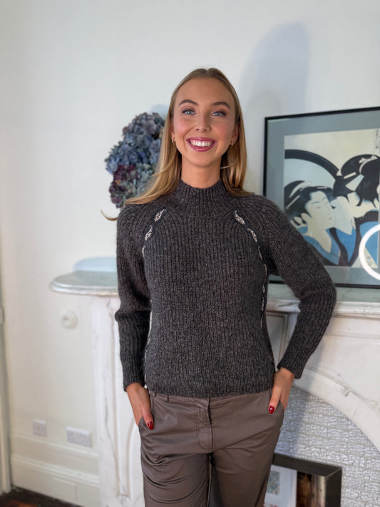 Gustav Lio Dark Grey Knit Sweater with Contrast Light Grey Stitching
