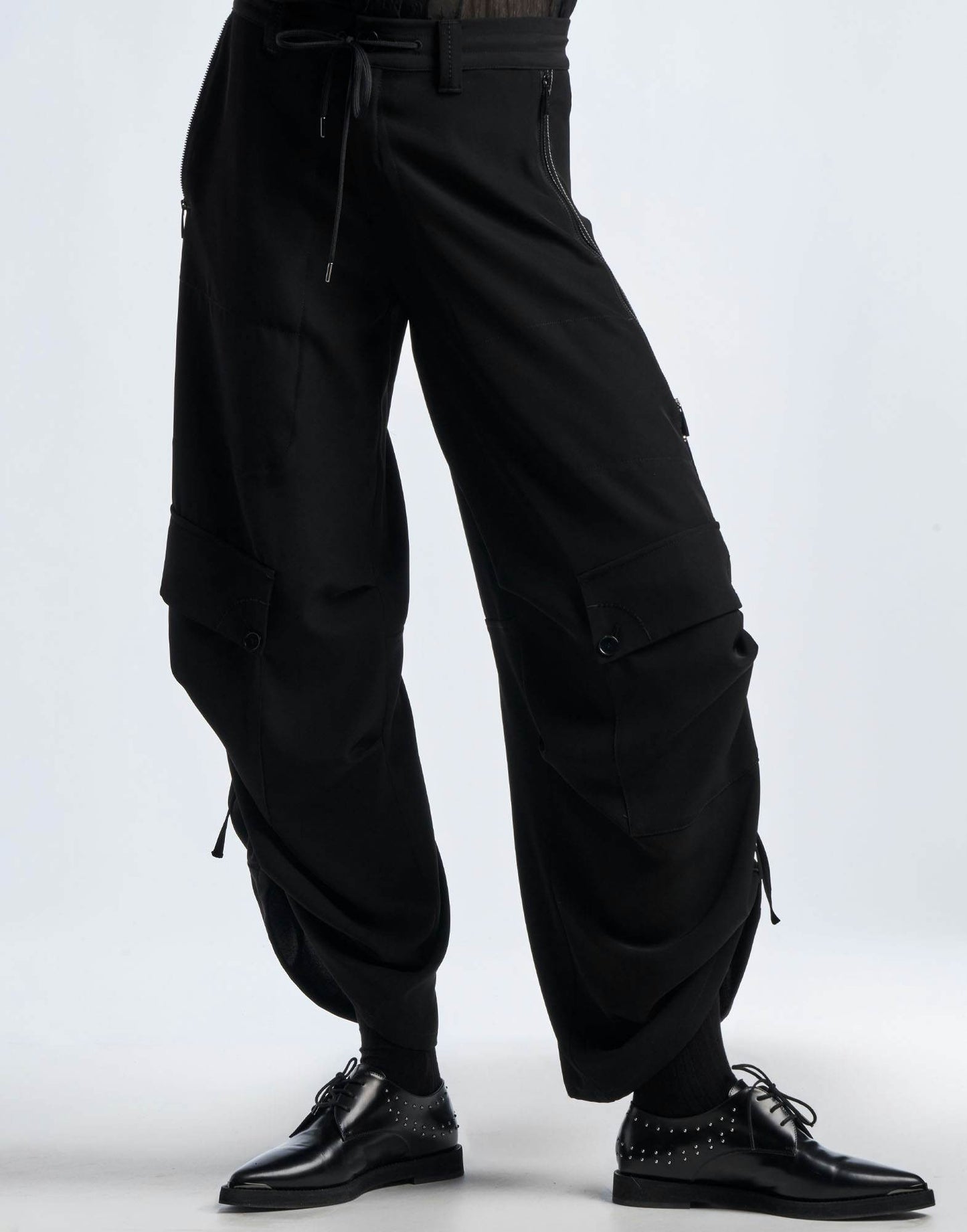 OUTGOING Parachute Pants in Black Tech Matte Satin