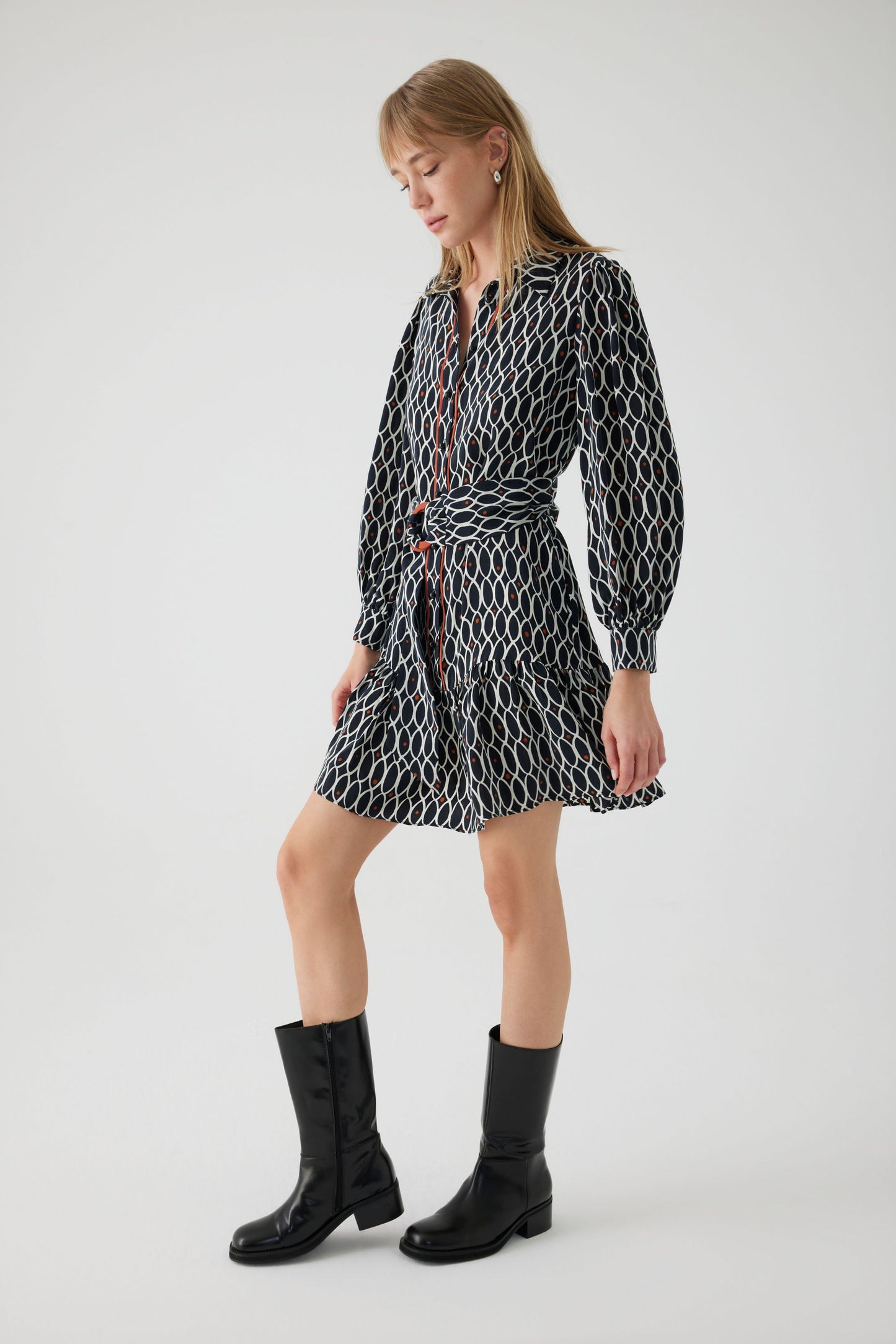 Astrid Black and White Monochrome Shirt Dress with a Hint of Rust