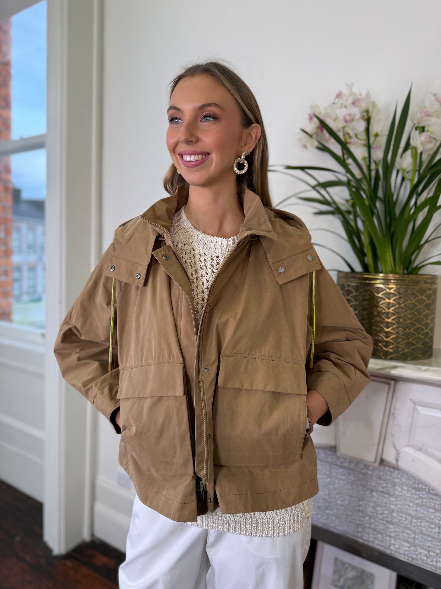 Herno Short Parka Jacket with Hood in Camel Canvas