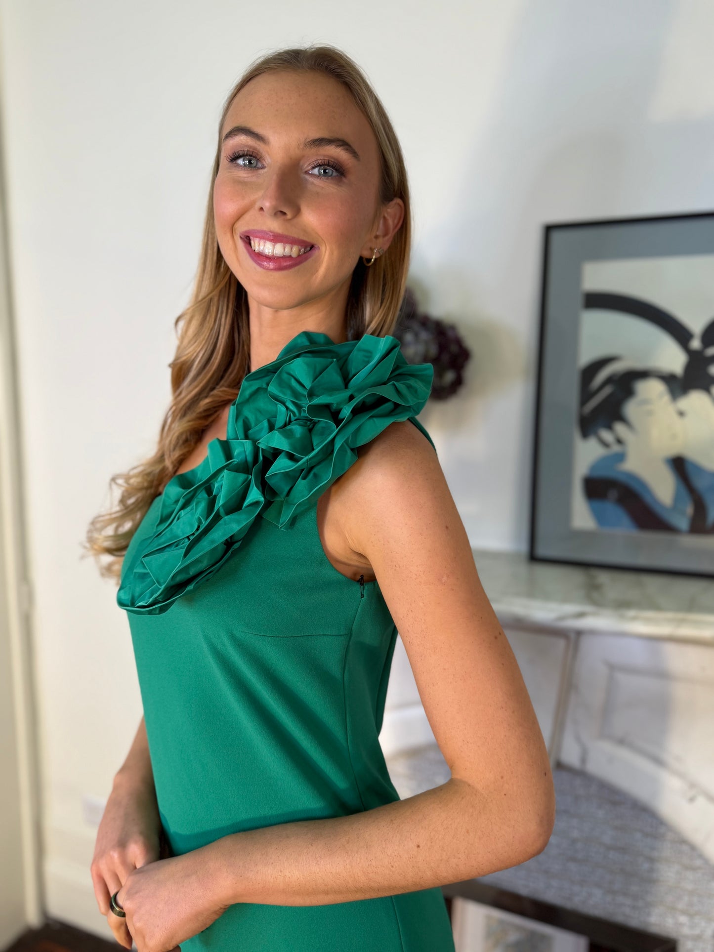 Moskada  Green One Shoulder Dress with Rosettes