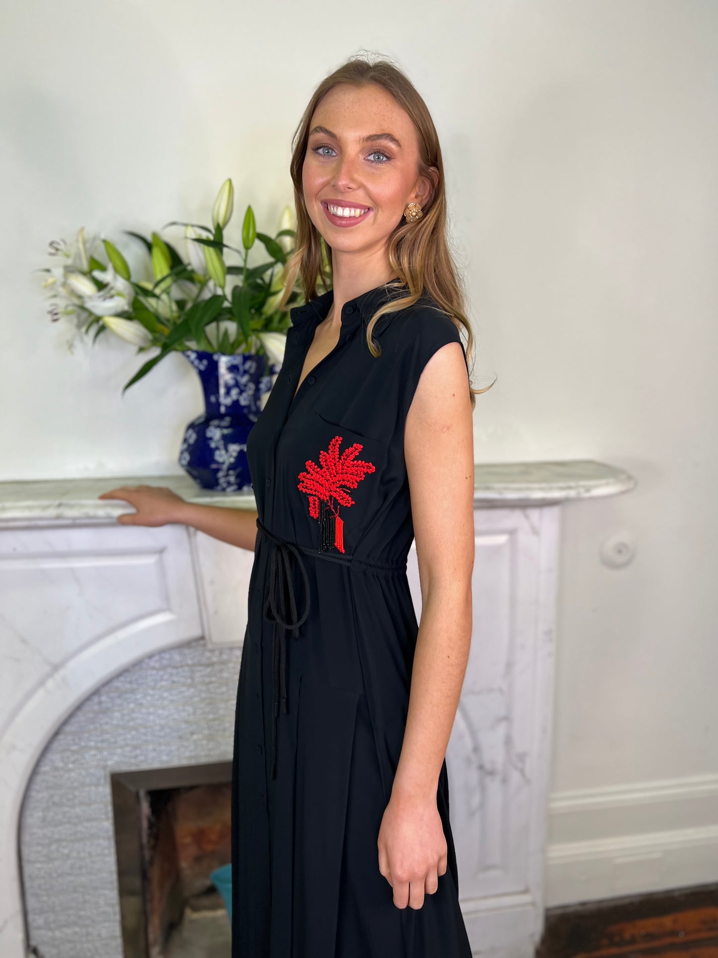 Black Jersey Dress with Red Beaded Motif Detail