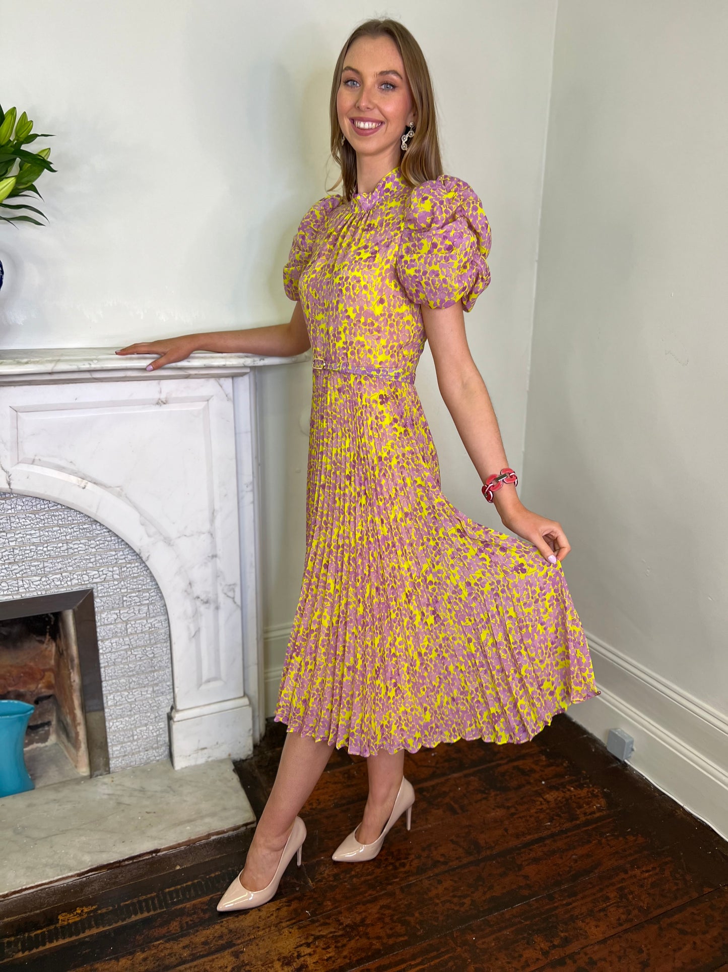 Lime and Lilac Chiffon Printed Dress with Accordion Pleated Skirt