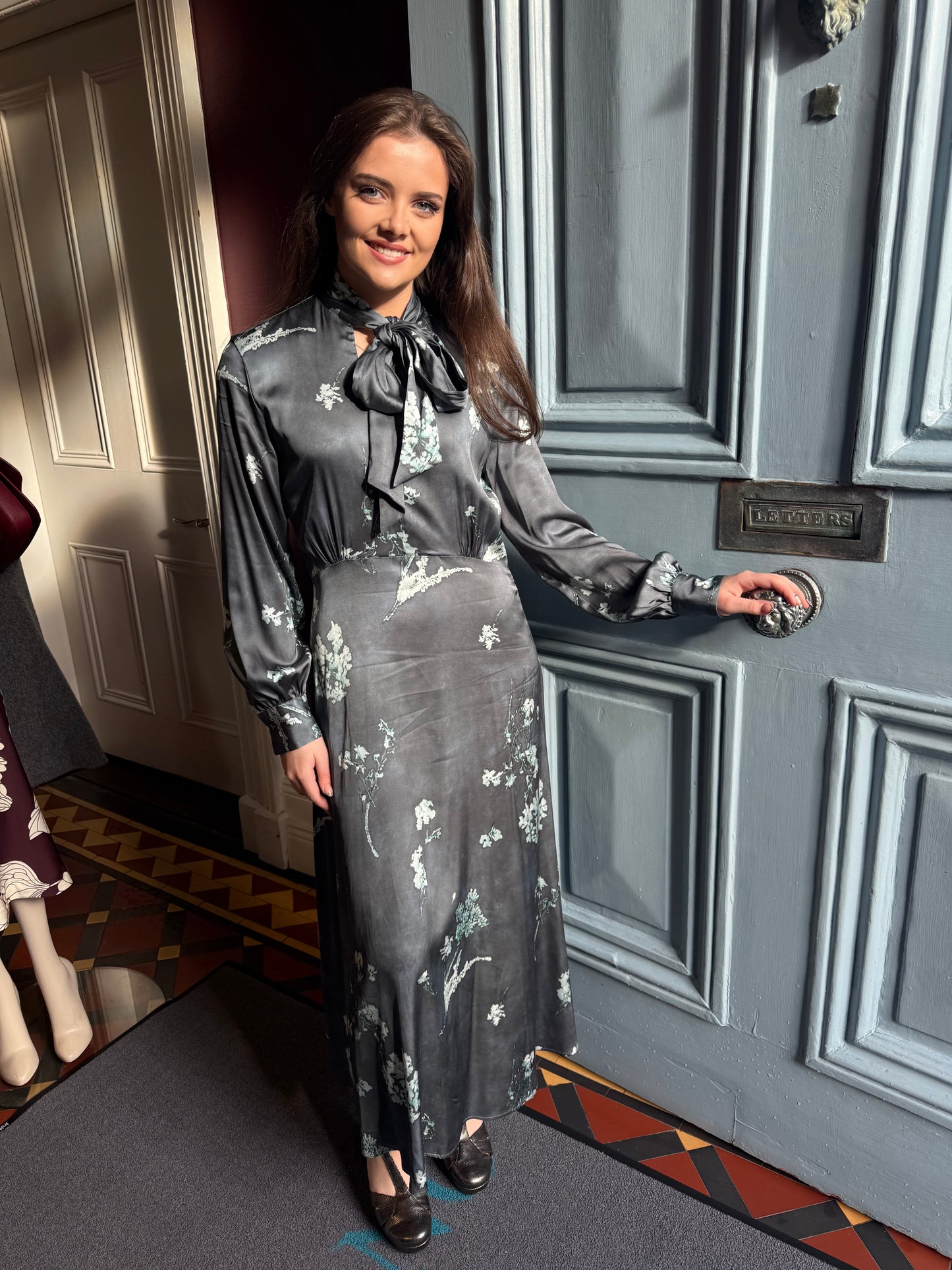 Caliban  Silk Powder Blue Grey Printed Long Sleeve Dress with Tie Detail at the Neck