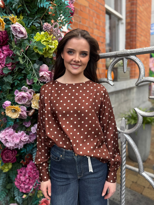 Caliban Silk Brown And Cream Polka Dot Top