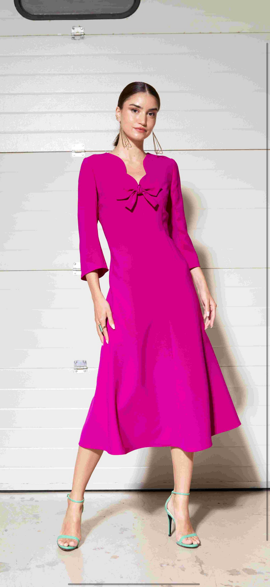 Moskada Pink Fit and Flare Dress with Scalloped Neckline