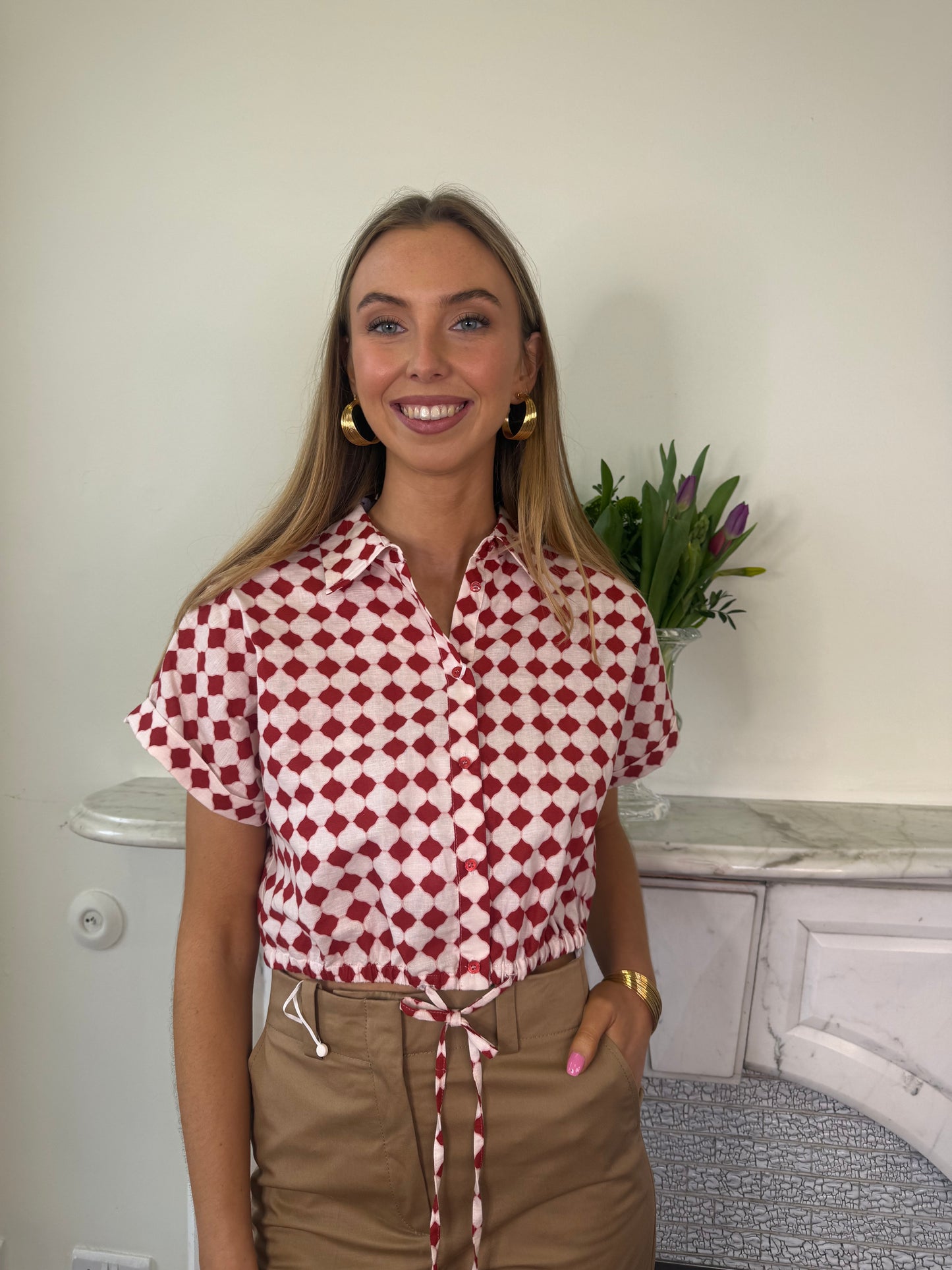 Iblues Linen and Cotton Red and Cream Printed Shirt Top