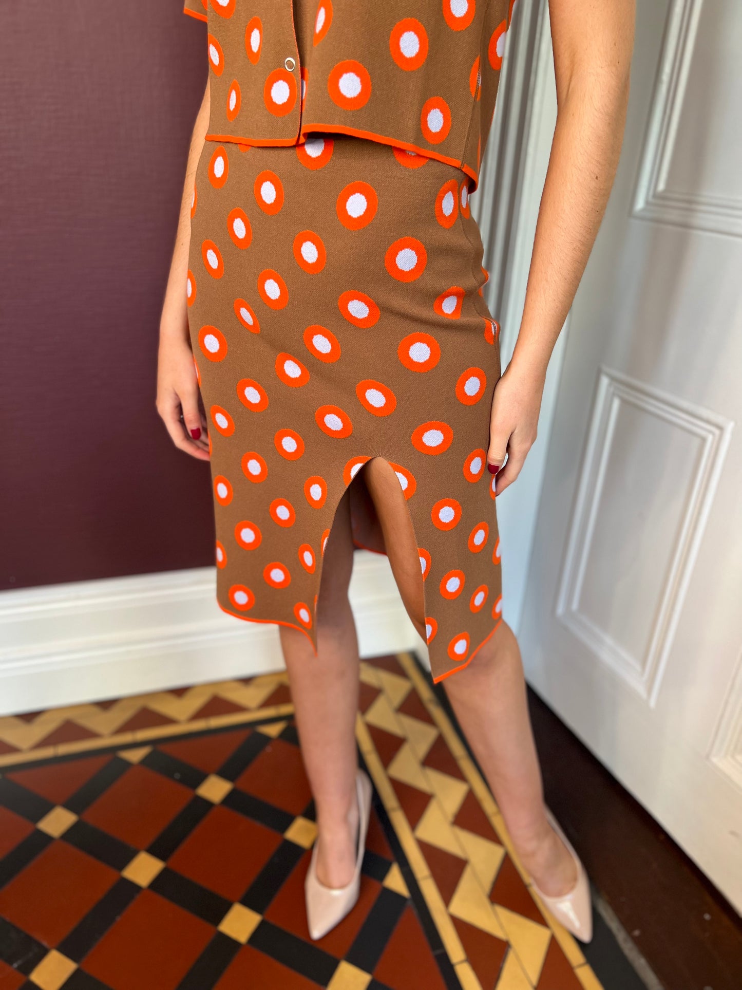 Camel And Orange Abstract Print Knit Skirt