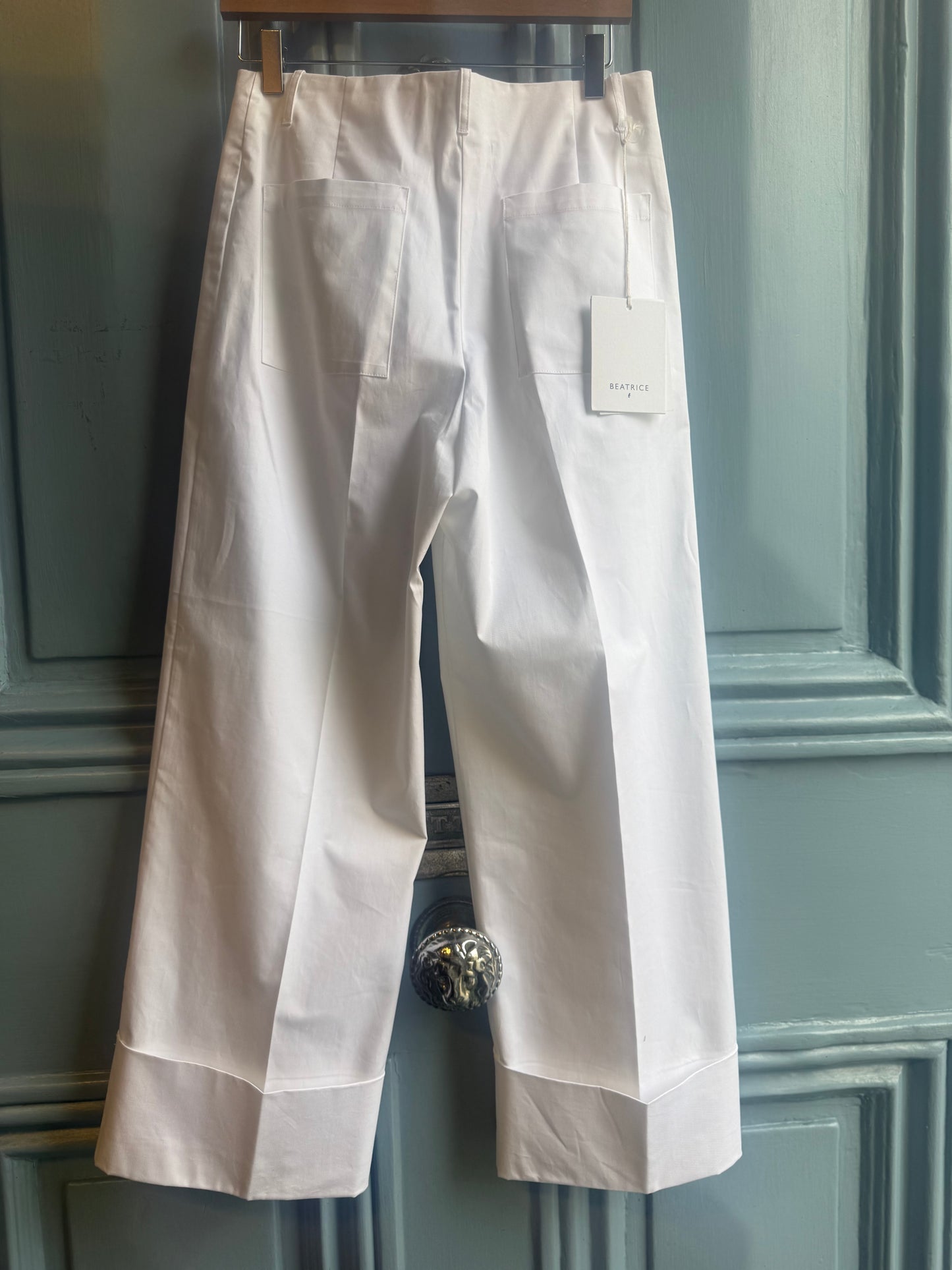 Beatrice B White Poplin Cotton Structured Trousers with Wide Turn up