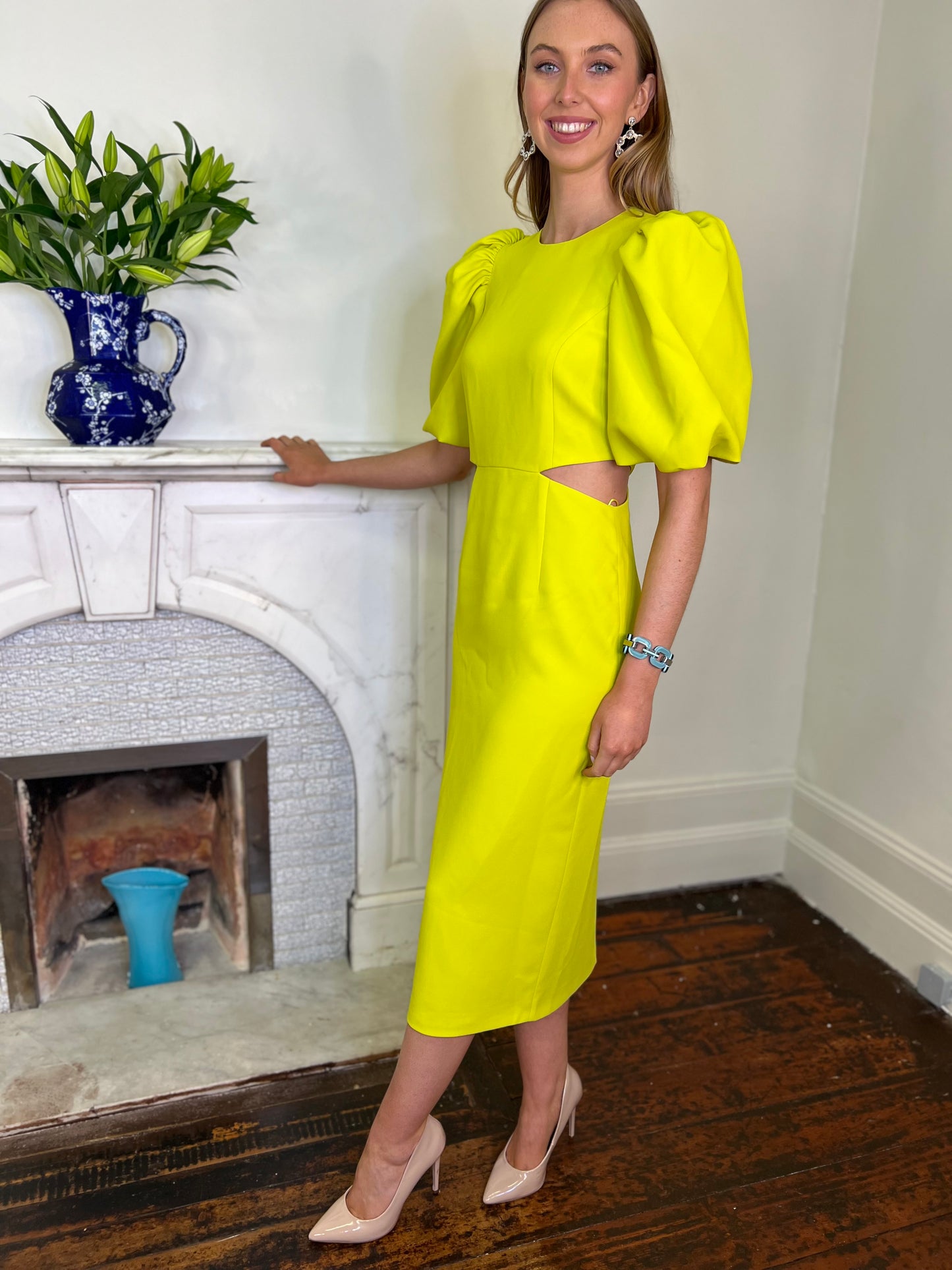 Citrus Fitted Dress with Cut out Detail and Enhanced Sleeves