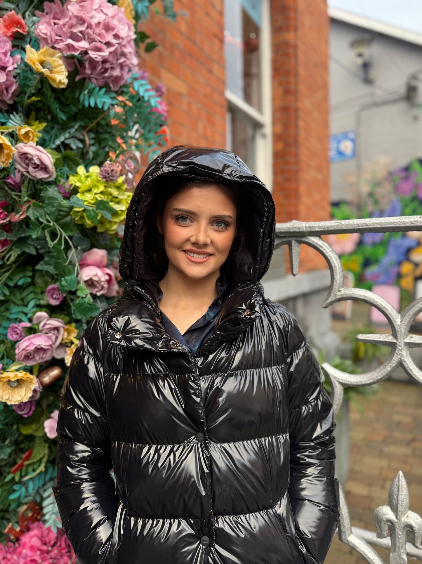 Herno Black Glossy Medium Length Puffa With Hood