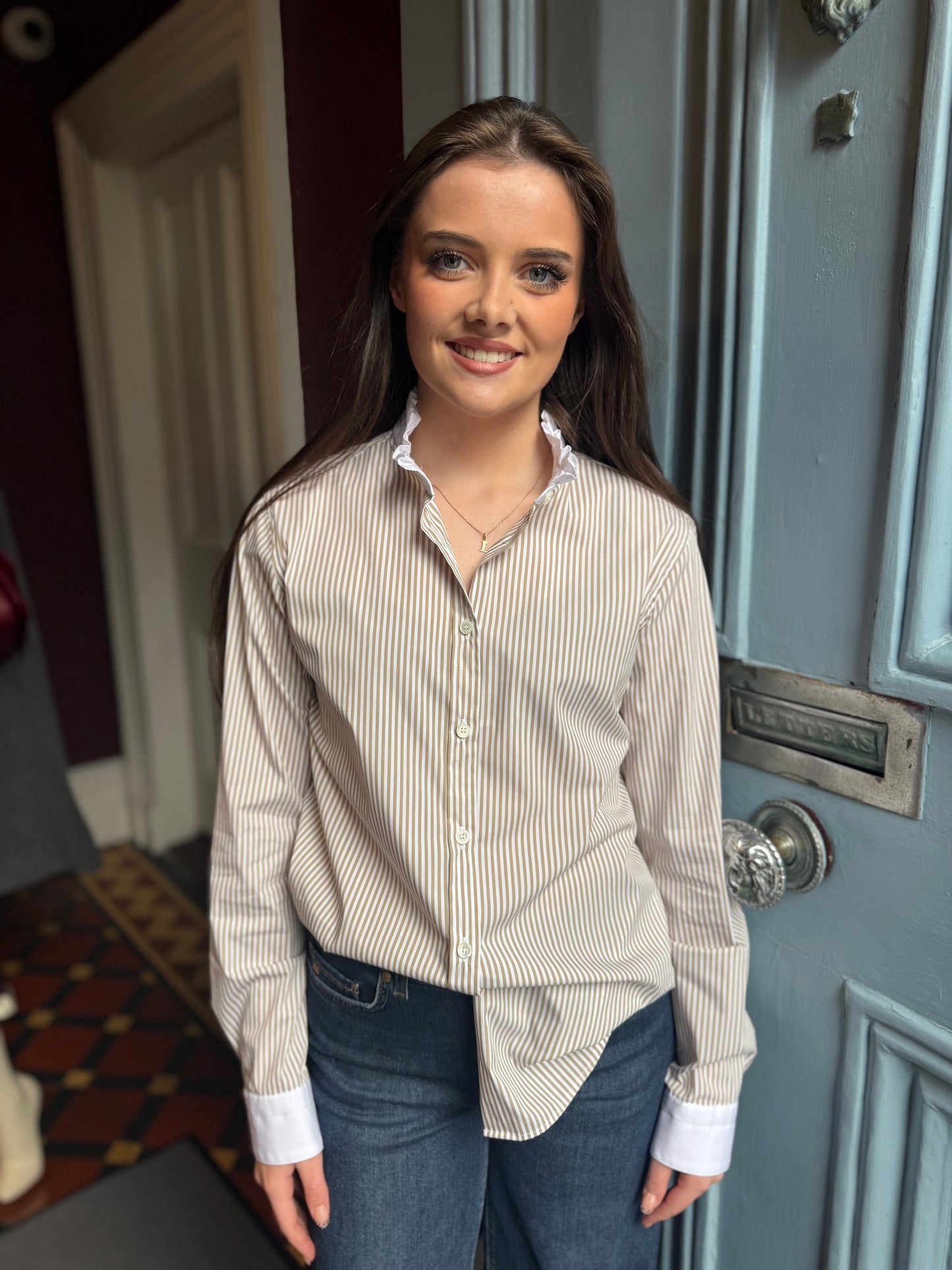 Caliban Taupe and White Stripped Shirt With White Frill Collar