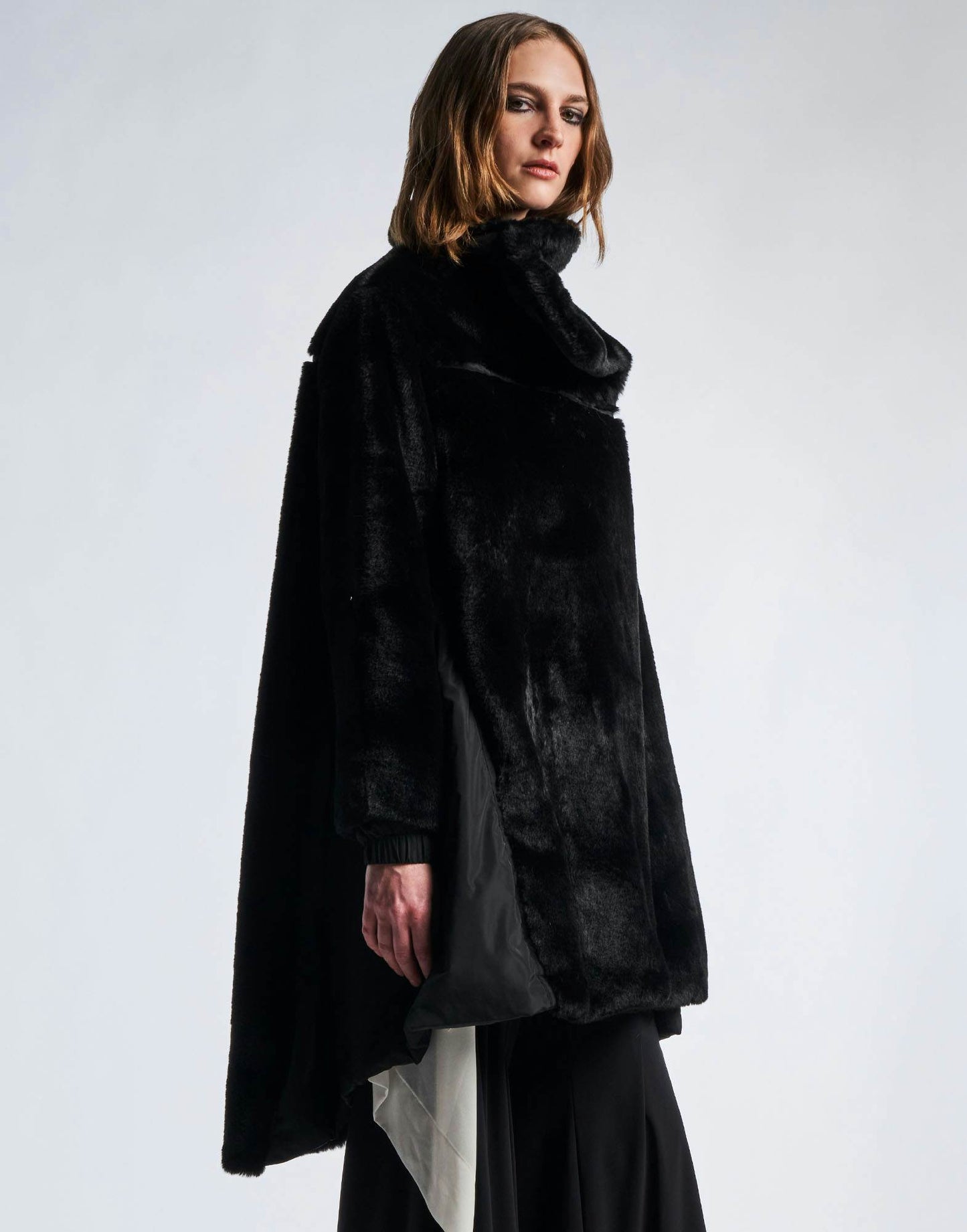 DETERMINED A-line Black Coat in Eco-Fur and Nylon