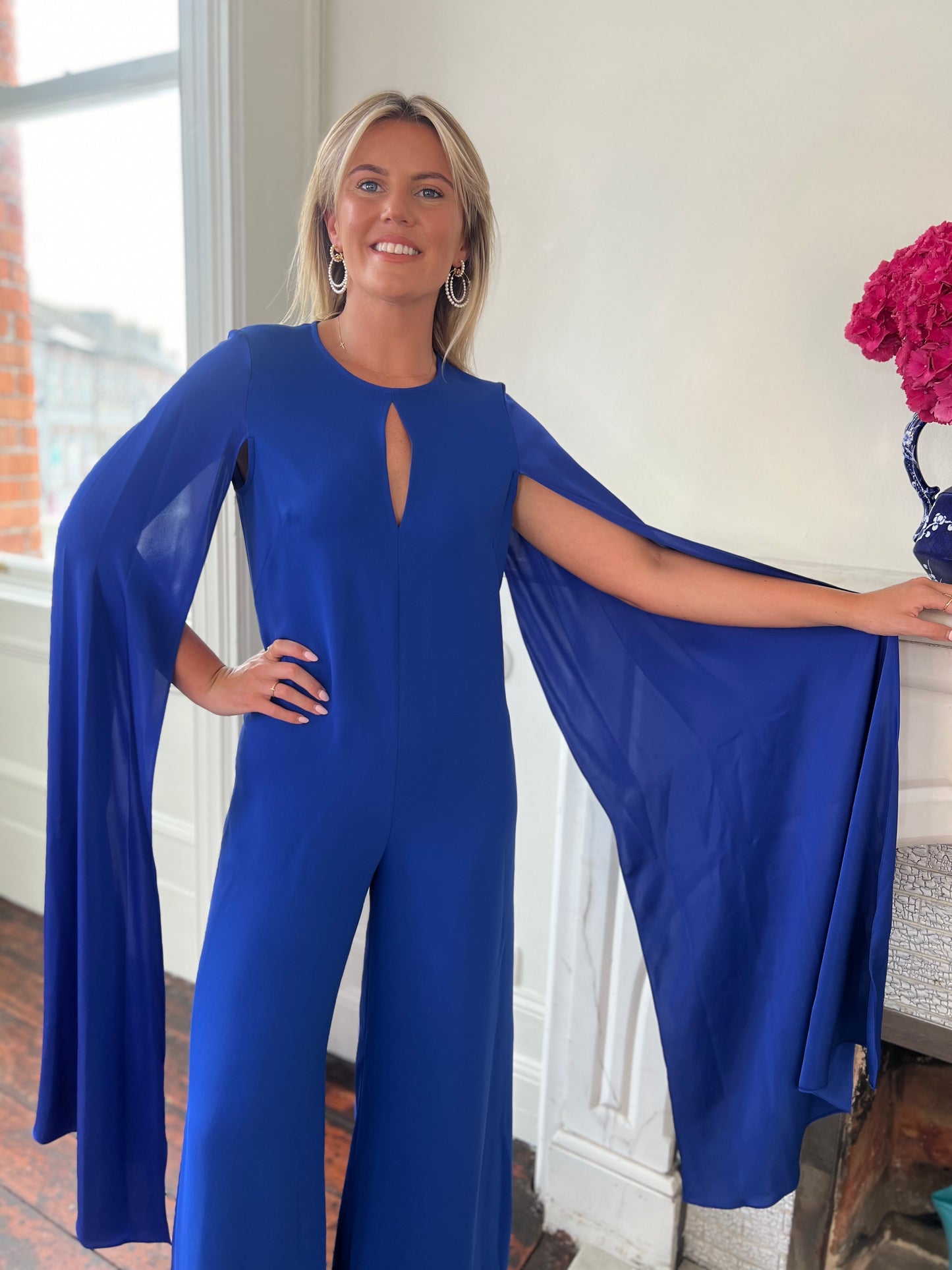 Royal Blue Jumpsuit With  Long Draped Sleeve Detail