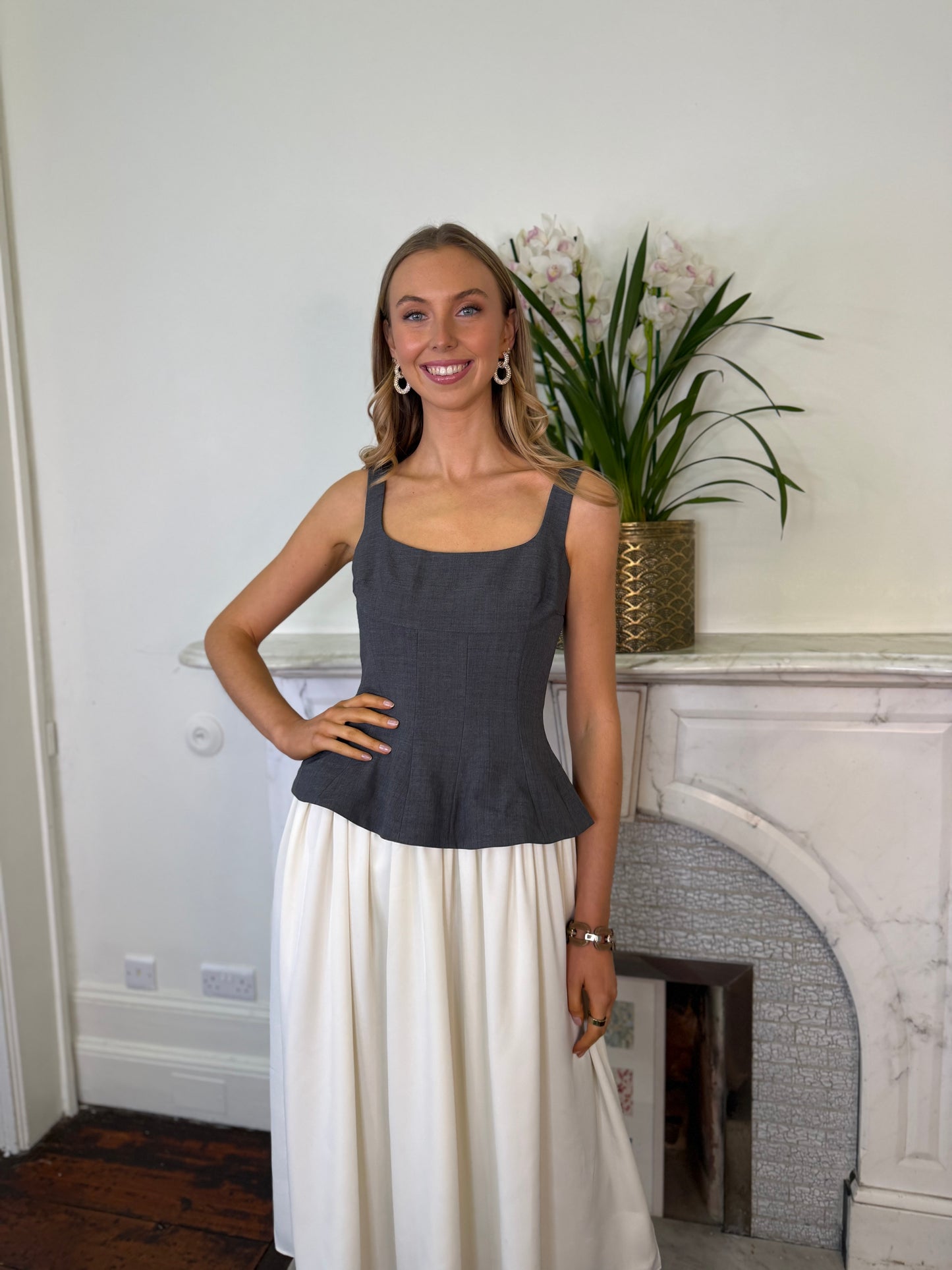 Stine Goya Corset Grey and Cream Midi  Dress