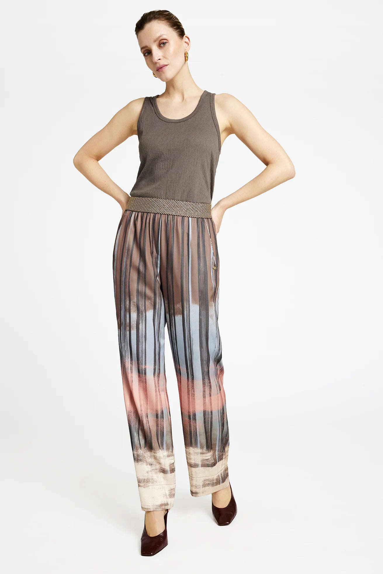 Gustav Bay Salmon, Cream and Taupe Brown Printed Straight Leg Trousers