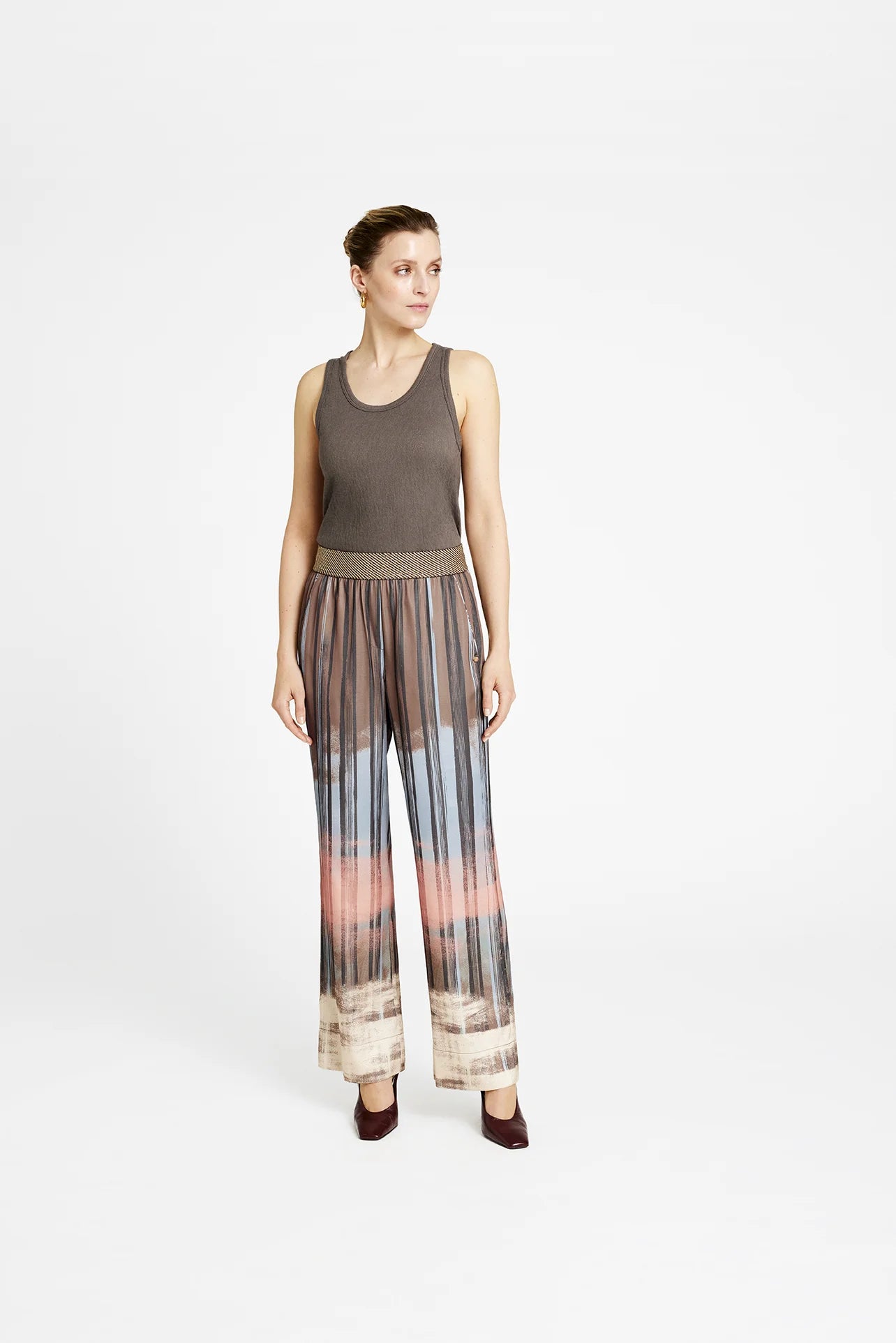 Gustav Bay Salmon, Cream and Taupe Brown Printed Straight Leg Trousers