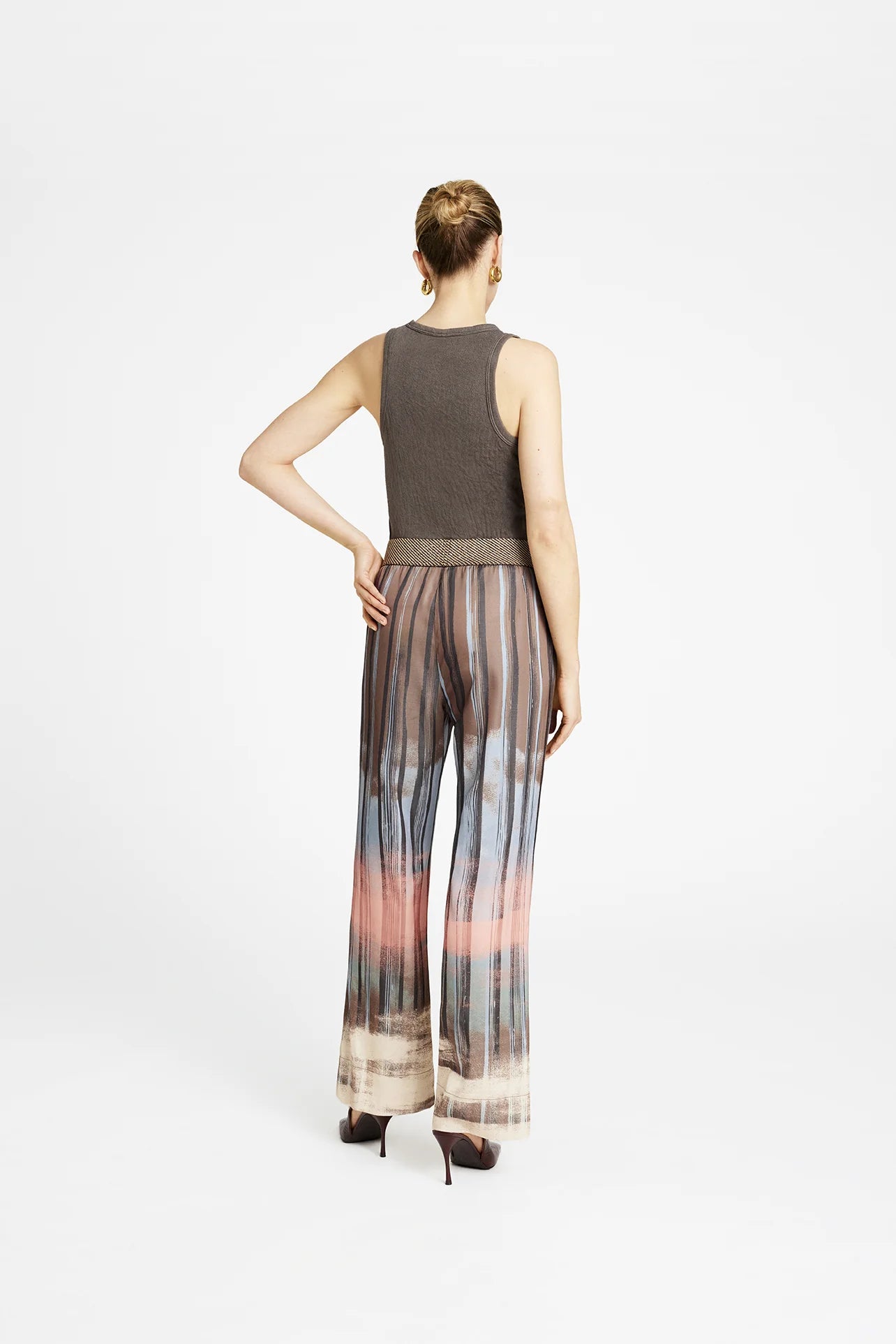 Gustav Bay Salmon, Cream and Taupe Brown Printed Straight Leg Trousers
