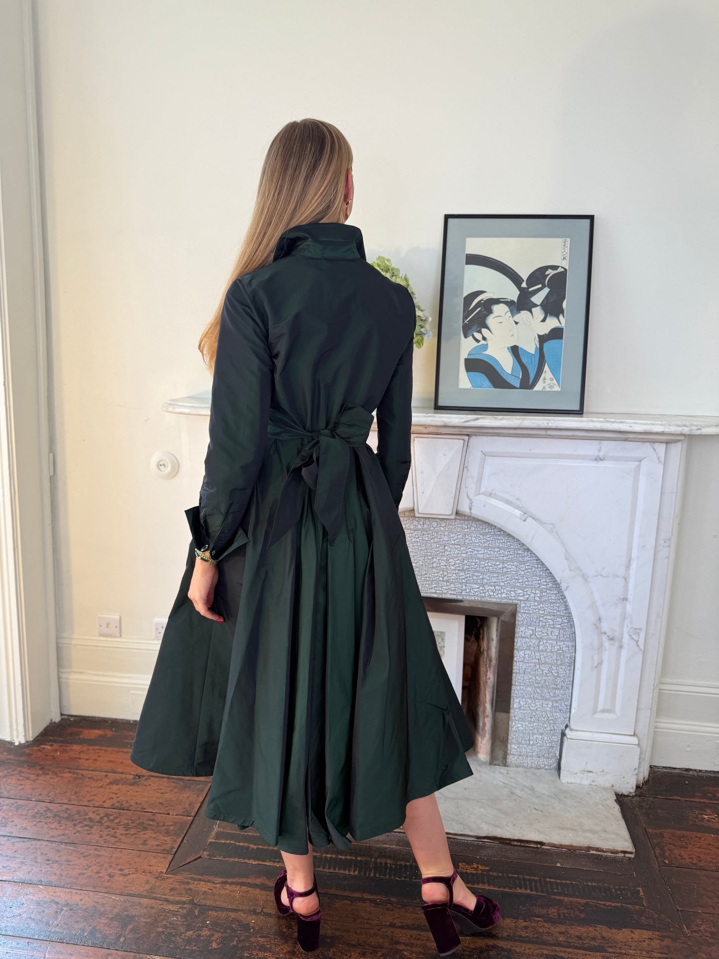Sara Roka Iridescent  Midi Shirt Dress in Iridescent Green