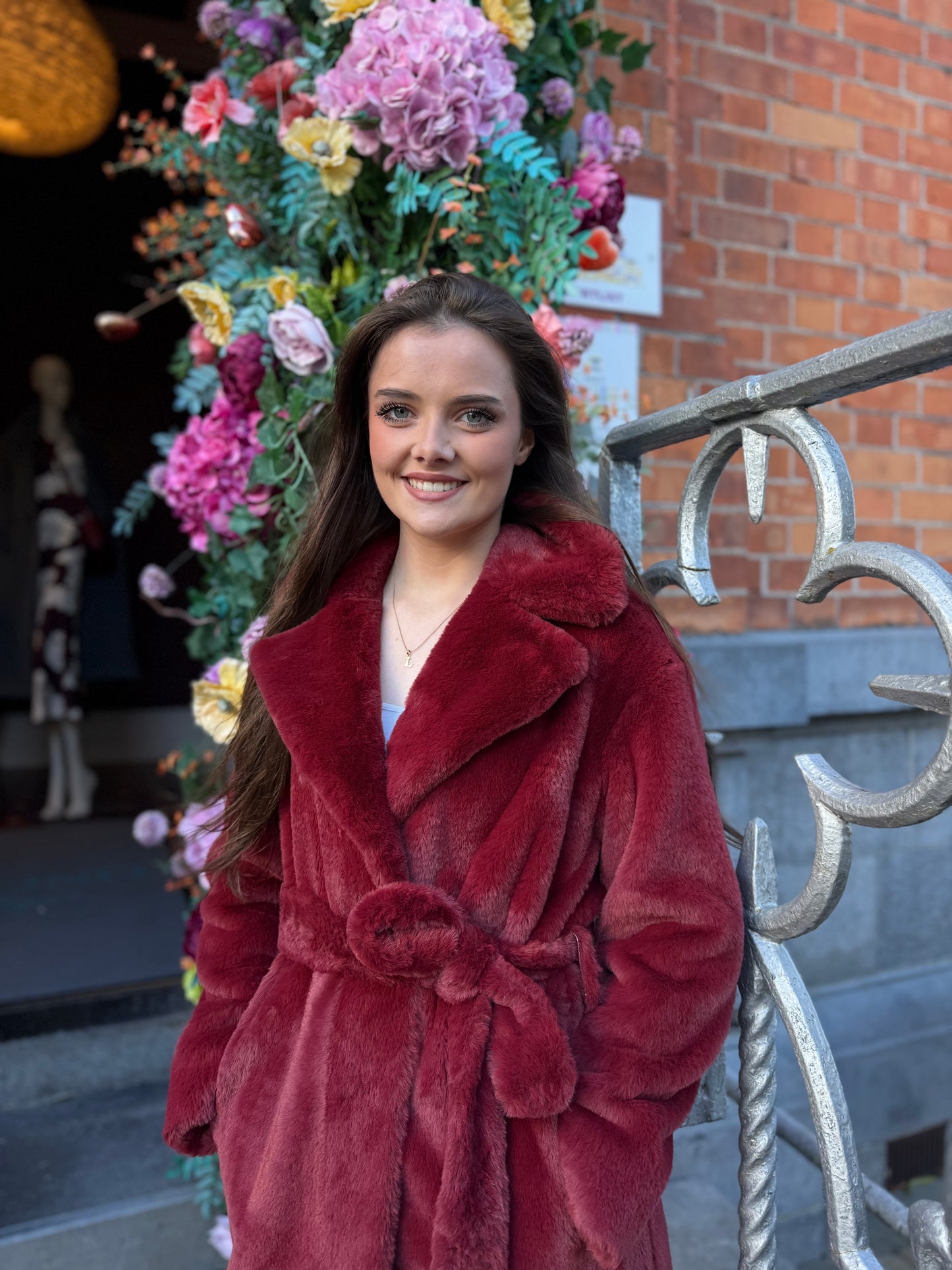 Herno Bordeaux Belted  Coat in  Alternative Fur