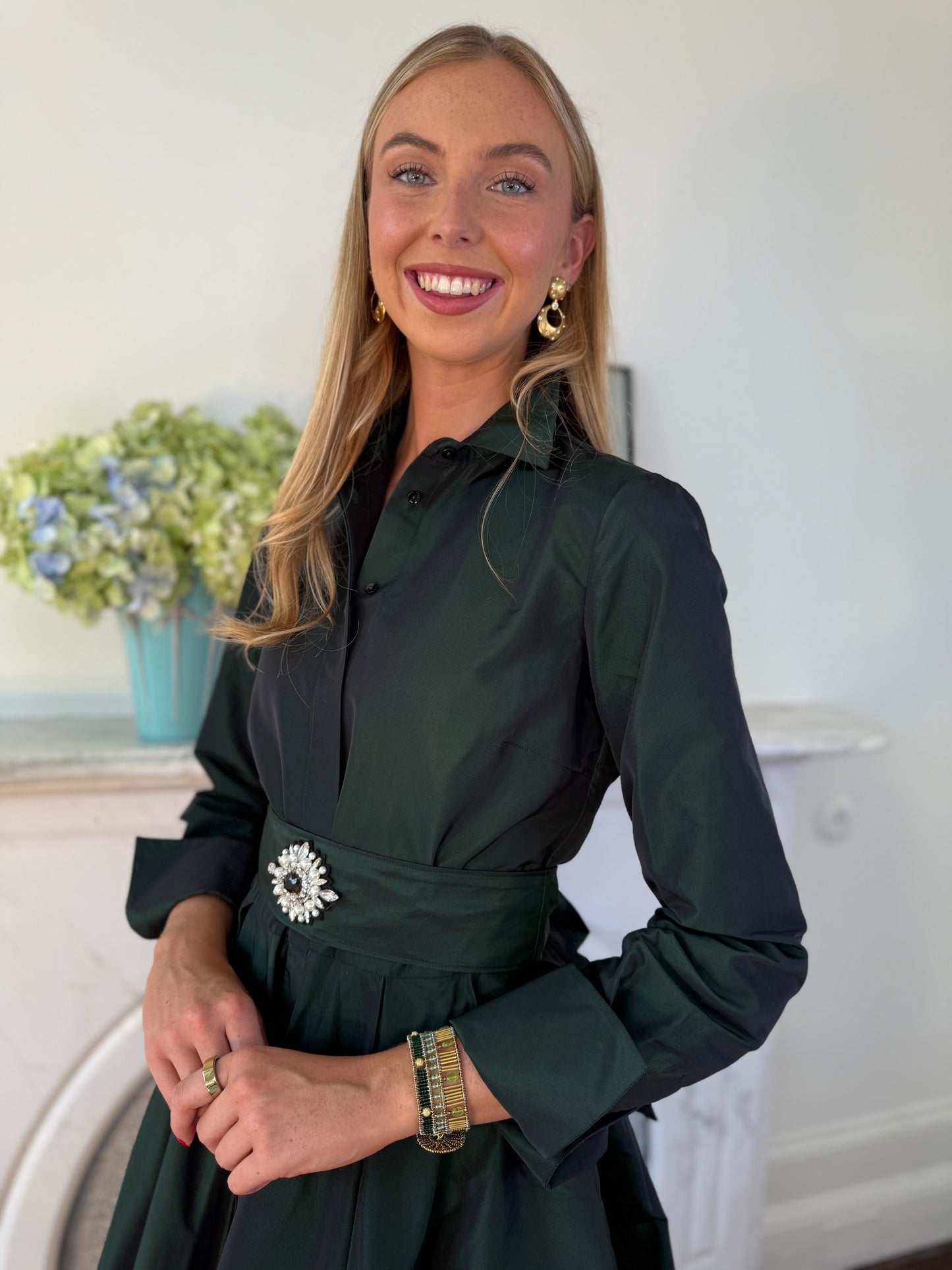 Sara Roka Iridescent  Midi Shirt Dress in Iridescent Green