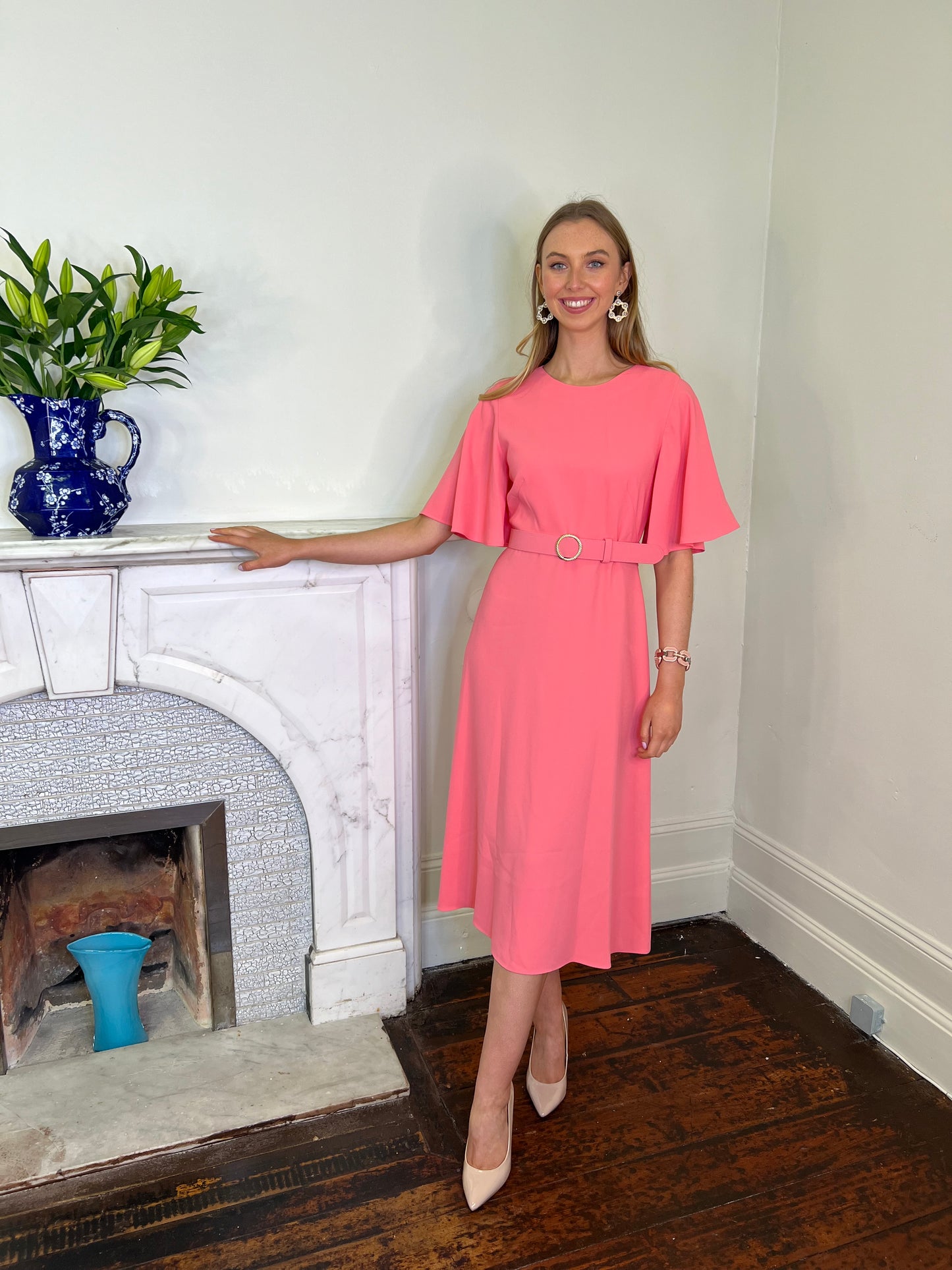 Antique Rose Pink Midi Dress with Belt and Cape Sleeve Detail