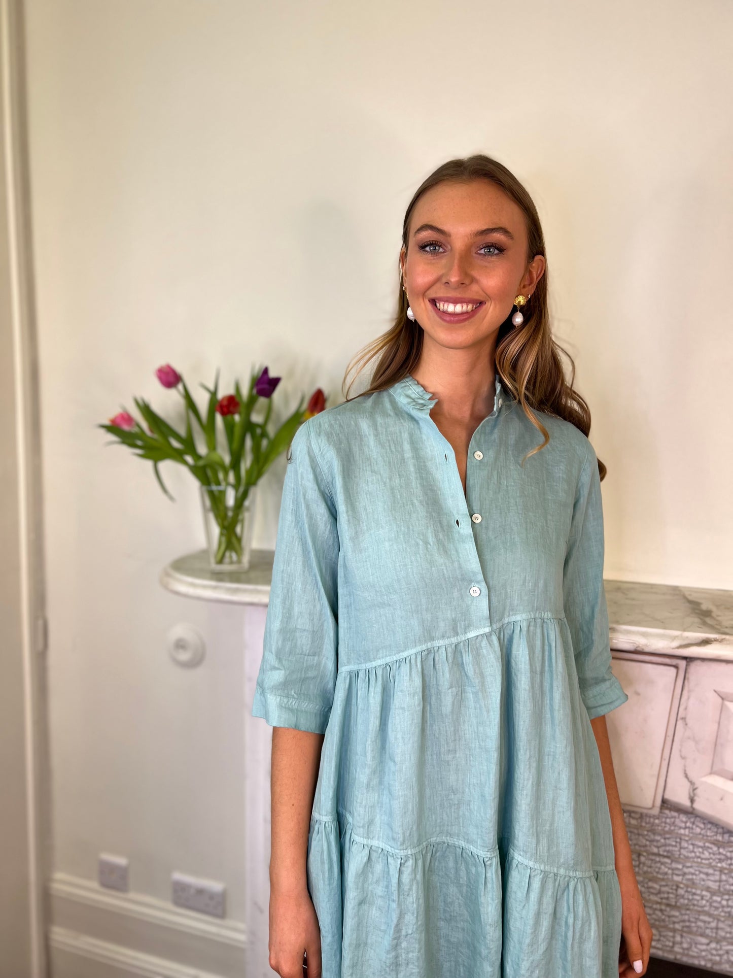 Aqua Linen Dress with Grandfather Collar and 3/4 Sleeves