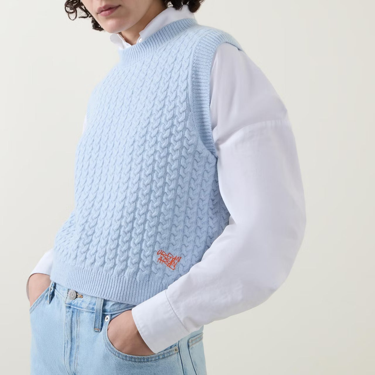 Urban Aran Baby Blue Cable Knit Sleeveless Sweater