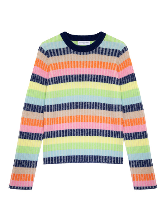 Multi Coloured Striped Jumper, Navy Collar and Cuffs