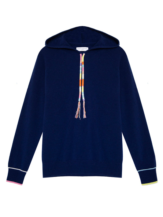 French Navy Hoodie with Multi Coloured Striped Strings