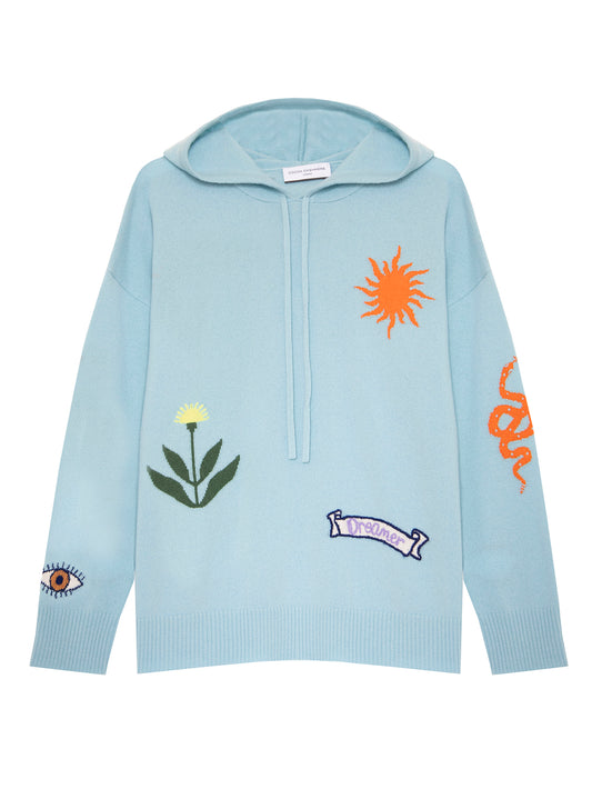 Baby Blue Hoodie With Flowers and Sun Motif