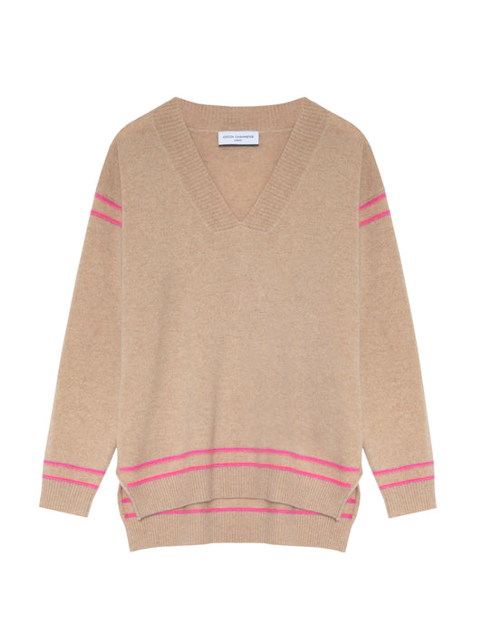 Celine Camel Cashmere V Neck Sweater with Bright Pink Trim