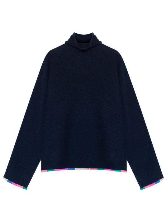 Misty Polo Cashmere in Cosmos Navy with Rainbow Trim