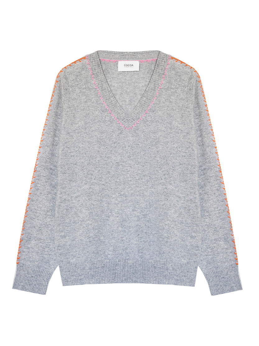 Cocoa Cashmere Indie Sweater with V Neck in Grey Mist
