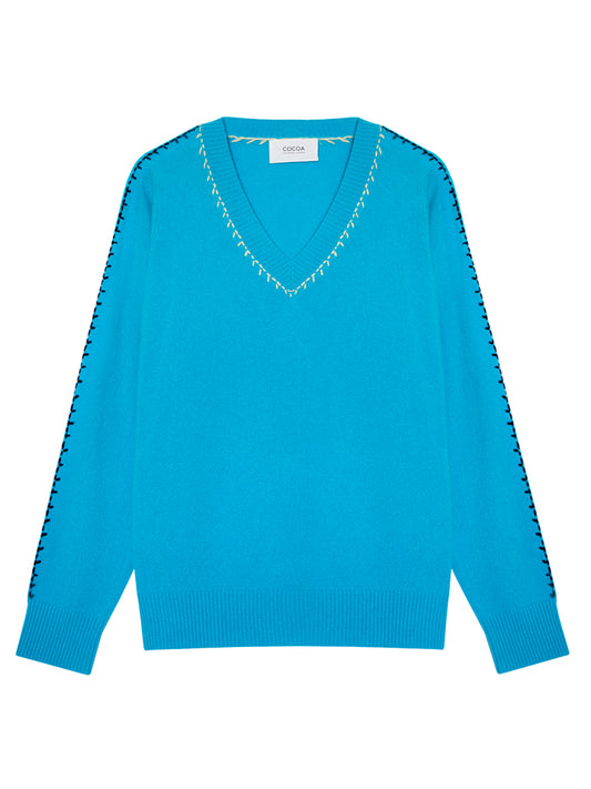 Cocoa Cashmere Indie Sweater with V Neck in Marine Blue