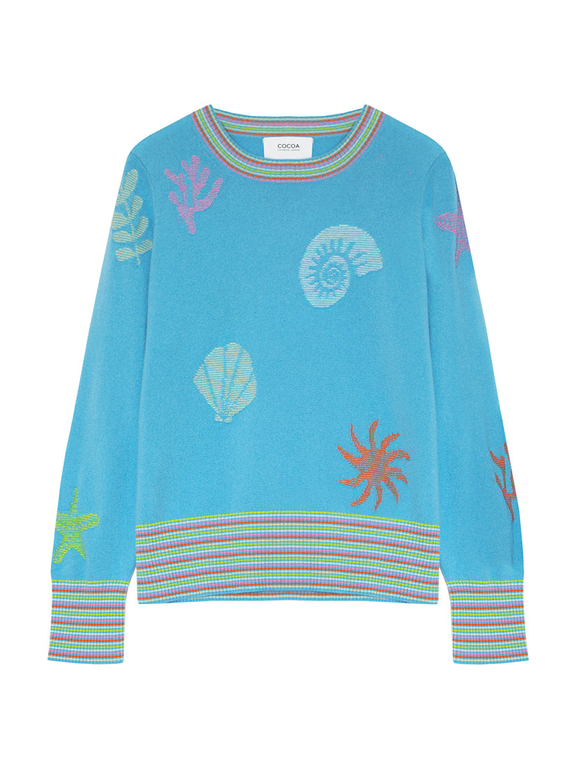 Cocoa Cashmere Coral Shell Sweater in Boating Blue