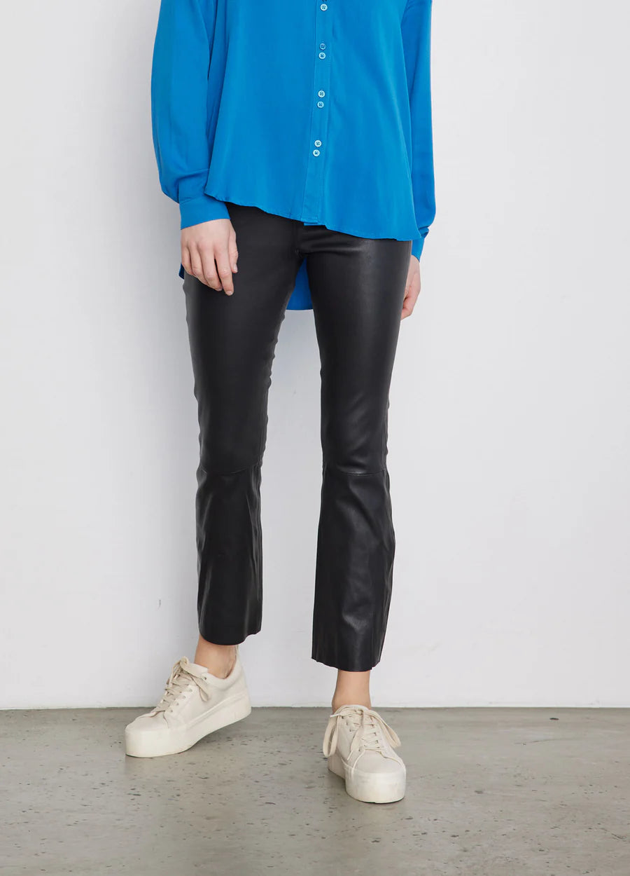 Cropped Leather Black Trousers with Kick Flare