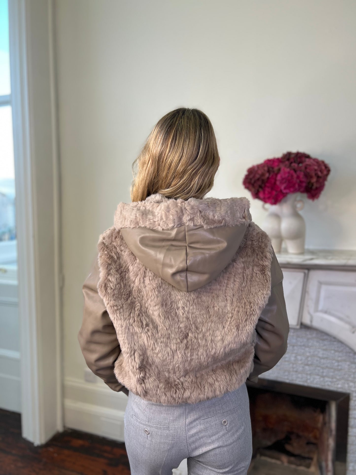 Kaos Taupe Faux Fur and Faux Leather Jacket with Hood