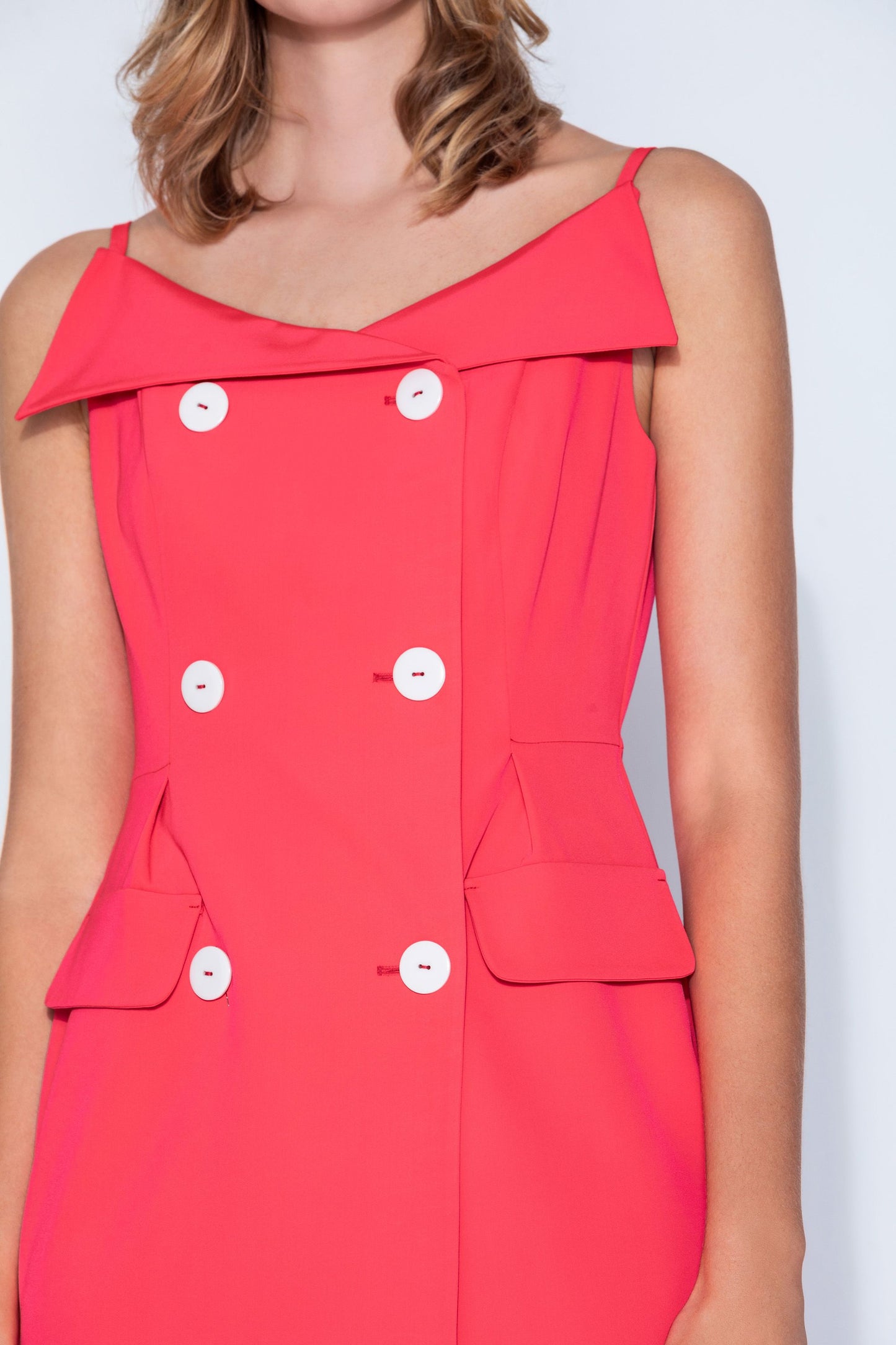 Coral Pink Fitted Dress with Double Breast Button Dress