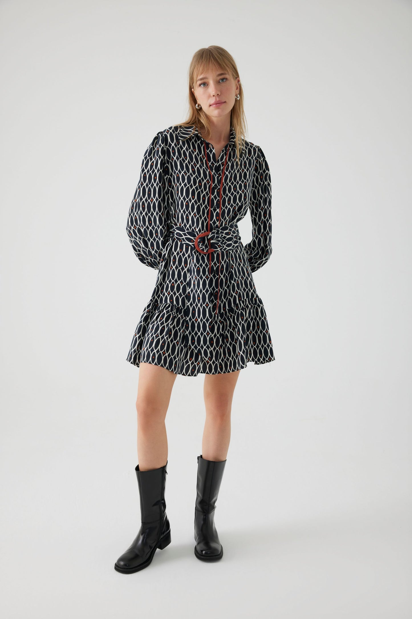 Astrid Black and White Monochrome Shirt Dress with a Hint of Rust